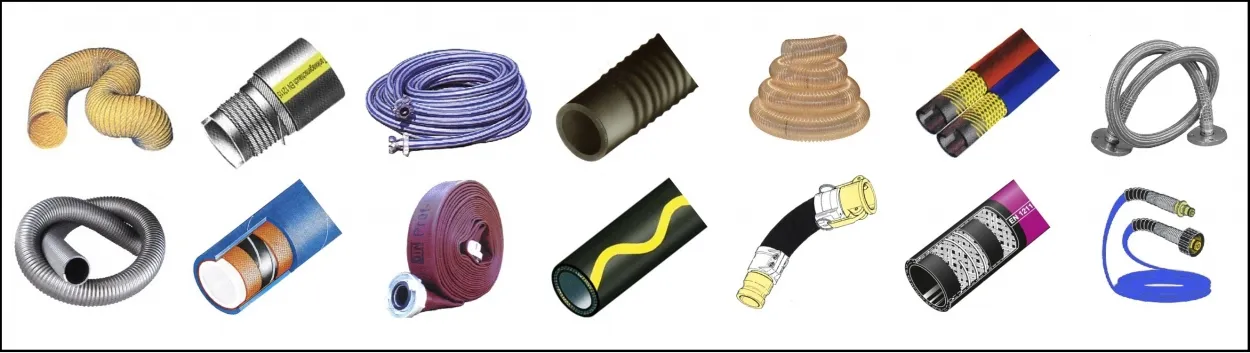 Übersicht Schläuche: Absaugschlauch, Tankwagenschlauch, Pressluftschlauch, Kehrmaschinenschlauch, Polyurethanschlauch, Autogenschlauch, Metallwellschlauch, PVC-Schlauch, Lebensmittelschlauch, Feuerlöschschlauch, Goldschlangeschlauch, Industrieschlauch, Chemieschlauch und Waschgeräteschlauch