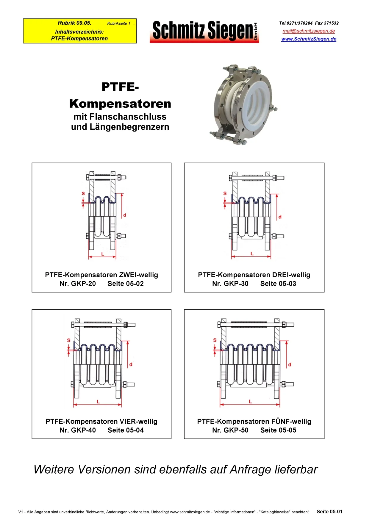 Katalogseite Inhalt PTFE-Kompensatoren